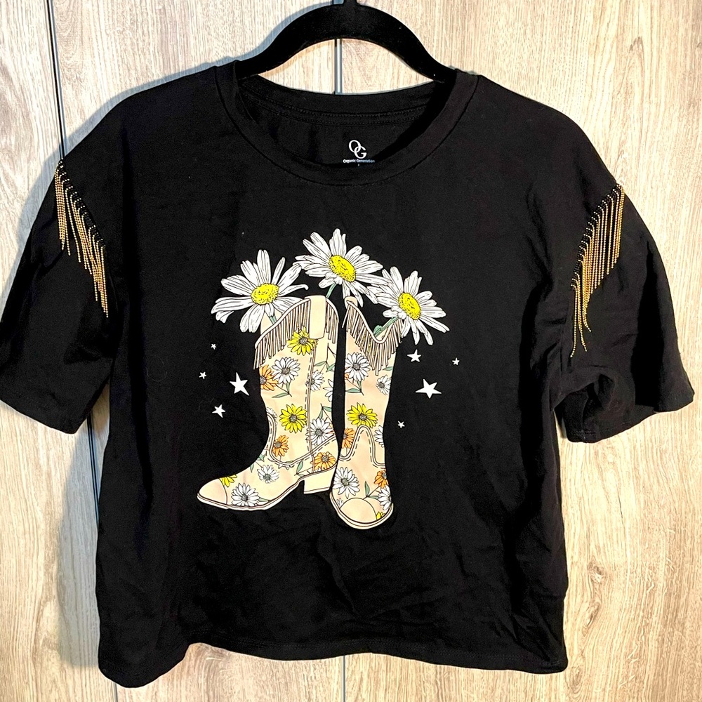 Organic Generation Daisy Boots Crop Top Black Short Sleeve Gold Fringe Detail L